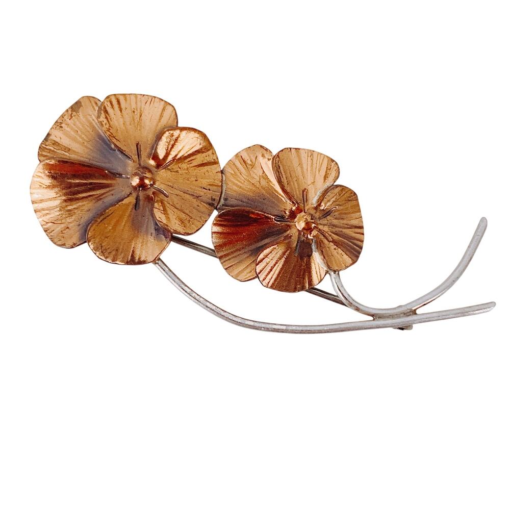 VTG Signed Stuart Nye 50s 60s Copper, Sterling Silver Double Flower Brooch Pin